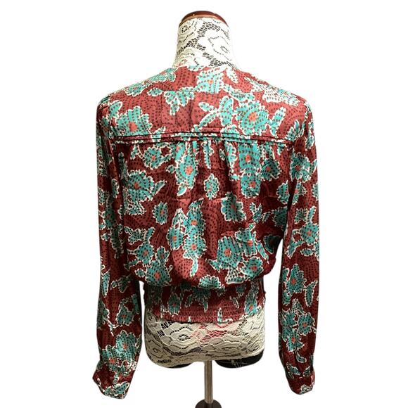 Anthropologie printed long sleeve front tie elastic back V-neck blouse size M - Picture 3 of 8